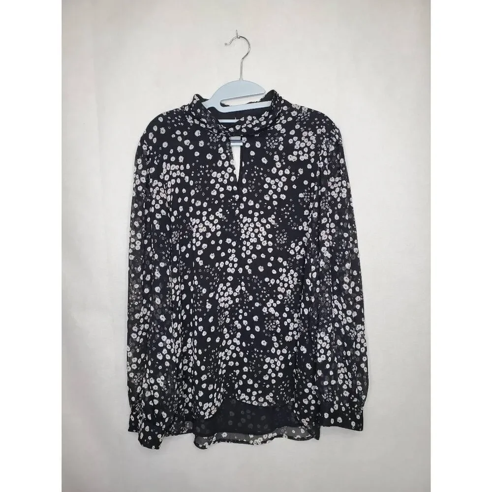 Karl Lagerfeld Paris Floral High Neck Key Hole Balloon Sleeve Semi Sheer Blouse